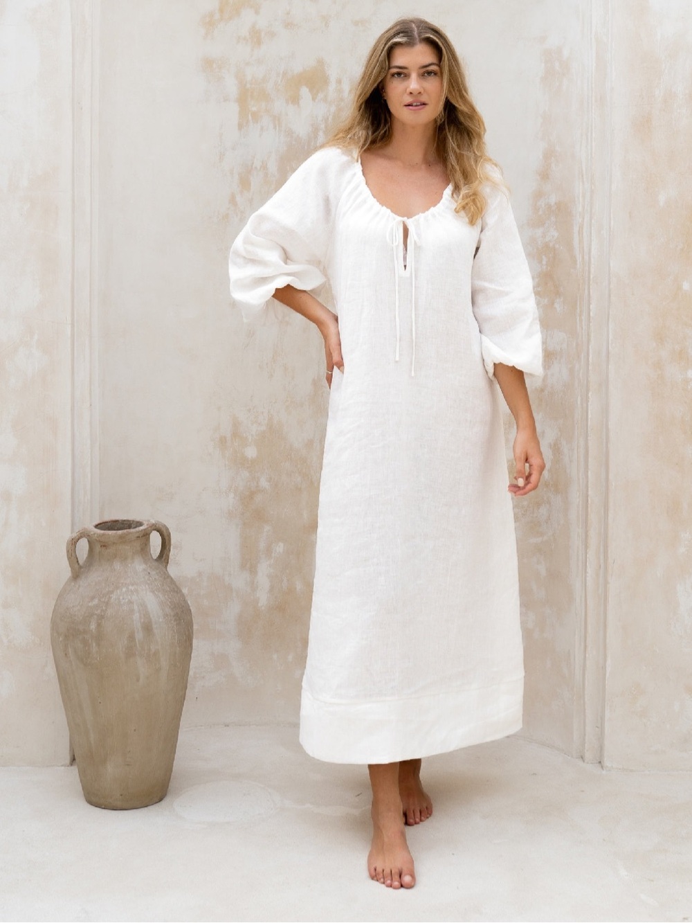 Like New - Linen - Romantic Billowy Maxi Dress - Off White - Picture 4 of 13
